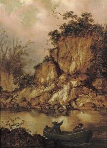 A Rocky River Landscape With Two Hunters In A Rowing Boat by Jacob Sibrandi Mancadan