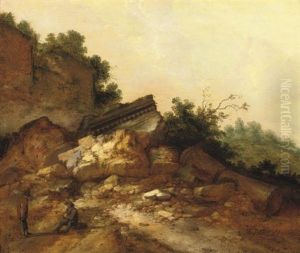 A Rocky Landscape With Two Peasants Conversing Near Classical Ruins by Jacob Sibrandi Mancadan