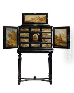 A Dutch 17th Century Cabinet With Italianate Wooded And River Landscapes With Classical Buildings And Ruins, Together With Several Figures