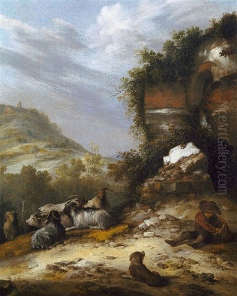 Berghang Mit Hirte Und Ziegenherde Vor Einer Ruine - view 1