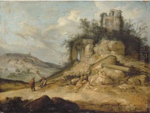 A Rocky Landscape With Travellers Resting Beside Ruins - view 1