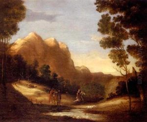 A Landscape With Travellers And Peasants Along A Path by Jacob Sibrandi Mancadan