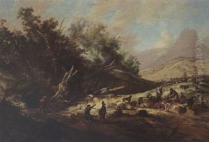 A Hilly Landscape With Shepherds And Their Herd Near A Stream by Jacob Sibrandi Mancadan