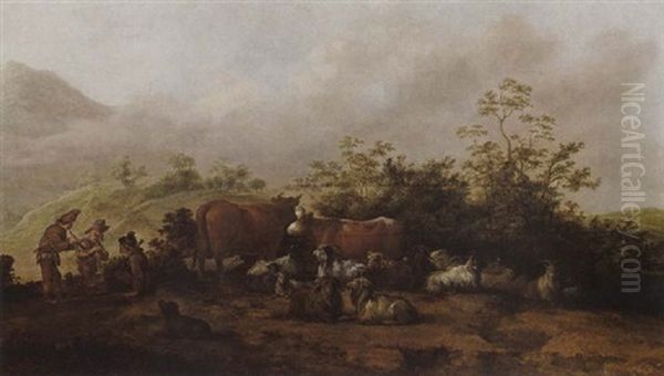 Shepherds Resting With Their Cattle, Goats And Dog In A Hilly Landscape - view 1
