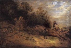 A Woodcutter Standing On A Felled Tree Conversing With A Companion by Jacob Sibrandi Mancadan