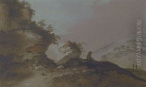 An Extensive Rocky Landscape  With A Traveller Resting On An Outcrop Below A Castle