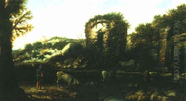 A Landscape With Ruins And Herdsman With Cattle By A Stream - view 1