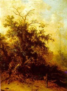 A Woodman Standing Before A Blasted Oak On A Forest Path by Jacob Sibrandi Mancadan