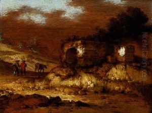 Travelers And Their Donkey On A Path Beside A Ruined Building by Jacob Sibrandi Mancadan