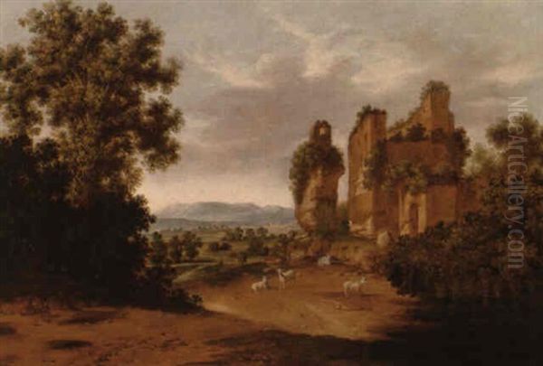 Goats By A Ruin In An Italianate Wooded Valley - view 1