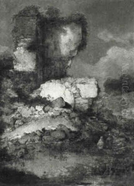 River Landscape With Figures In Rowboat And Ancient Ruins - view 1