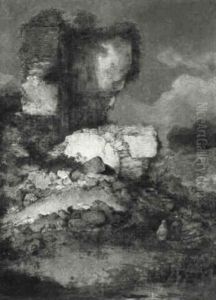 River Landscape With Figures In Rowboat And Ancient Ruins by Jacob Sibrandi Mancadan