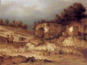 A River Landscape With Ruins And Figures Driving A Donkey by Jacob Sibrandi Mancadan
