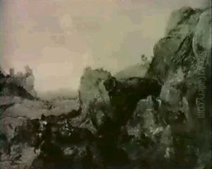A Horseman Encountering A Herdsman In An Extensive Rocky    Landscape