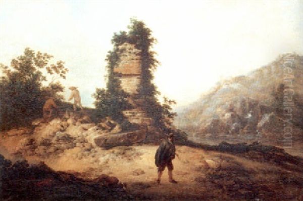 Gebirgige Fluslandschaft Mit Einer Verfallenen Mauer Und Wanderern - view 1