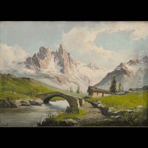 Paesaggio Alcpino Con Ponte E Torrente by Gustavo Mancinelli