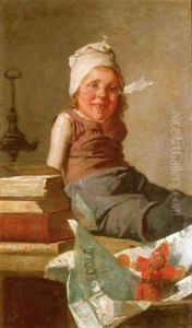 Jeune Enfant Assis Sur Une Commode Au Premier Plan Une Marionnette Et Le Journal Il Secolo by Antonio Mancini