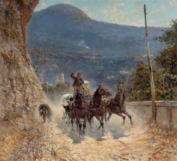 Horses And Travelers Ascending An Italian Mountain Road - view 1