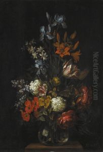 Still Life Of Flowers In A Glass Vase, Including Chrysanthemums And Blue Irises by Heinrich Berichau