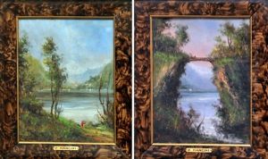 Promeneurs En Bord De Lac, Et Personnages Sur Un Pont (pair)