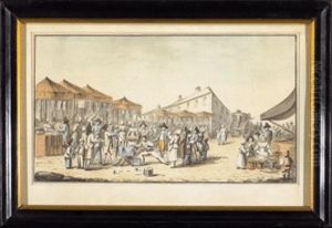 Charming Watercolor By The Famous French Master Picturing A Magician And His Assistant Entertaining A Group Of People by Etienne Bericourt