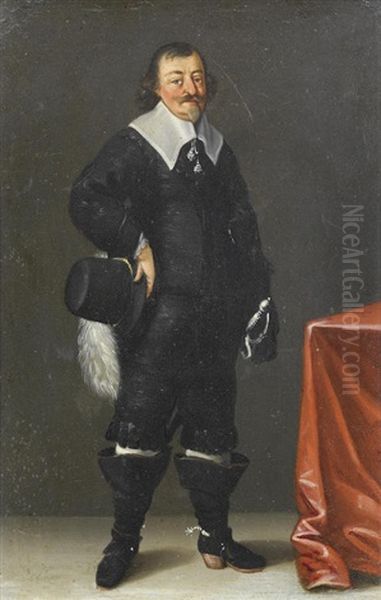 Portrait Of A Gentleman, Possibly King Christian Iv Of Denmark, Standing Full-length In Black, Beside A Table Draped With A Red Cloth - view 1