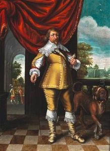 Nobleman In A Yellow Silk Dress In A Park With His Dog. Presumably Friedrich Iii Duke Of Schleswig-holstein-gottorp, Who Was A Keen Gardener. In The Park Can Be Seen Large Greenhouses And Two Noblemen On A Path by Karel Van Mander