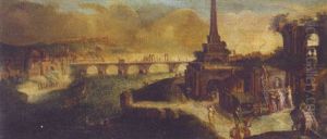 A Capriccio Of A Town By A River, A Bridge Beyond by Karel Van Mander