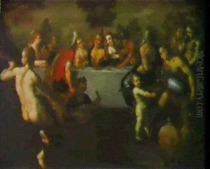 Et Bacchanal Med Guderne Omkring Et Bord I Det Fri by Karel Van Mander