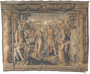A Dutch Classical Tapestry: Marc Antony And Octavius With Cleopatra And Her Attendants Looking On by Karel van Mander the Younger