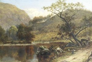 Fisherman In A River Landscape by William Henry Mander