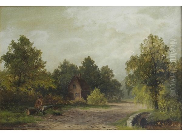 A Man And His Dog By A Stone Bridge - view 1