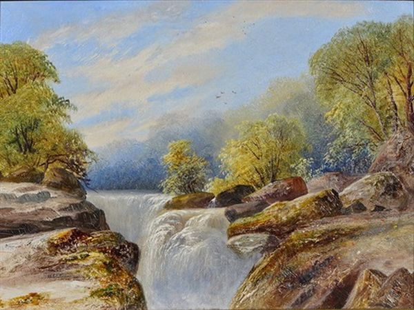 Landscape Scenes, One Showing A River Running Through Woodlands, The Other Showing A Lake In Front Of A Mountain, Possibly Snowdon (pair) by William Henry Mander
