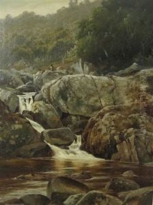 A Rocky River Landscape With Angler by William Henry Mander