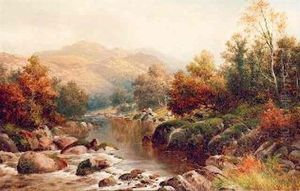 Welsh River Scene With Boys Fishing by William Henry Mander
