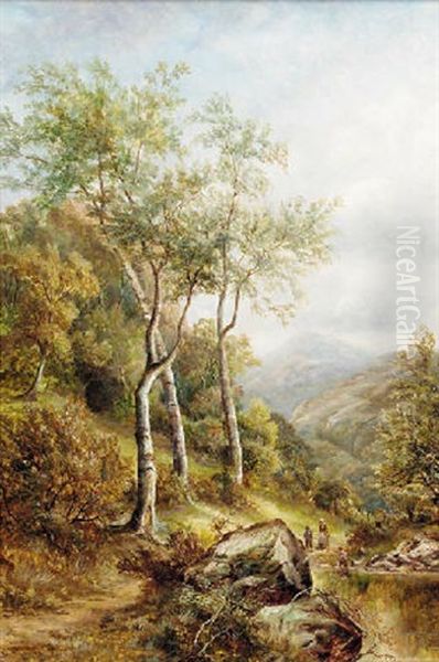 Figures Fishing In A Woodland Pool With Hills Beyond - view 1