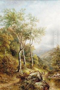 Figures Fishing In A Woodland Pool With Hills Beyond Figures Fishing In A Woodland Pool With Hills Beyond