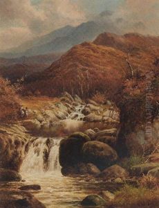 Children Fishing In A Mountainous Landscape by William Henry Mander