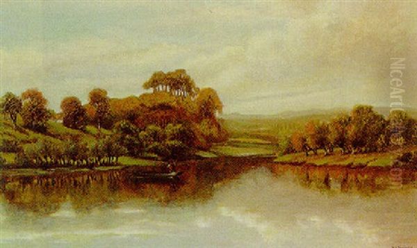 A Figure In A Punt In A Wooded Landscape - view 1