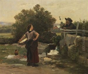 Wascherin Und Bursche Am Bachufer Im Gesprach by Vaclav (Wenzel) Manes