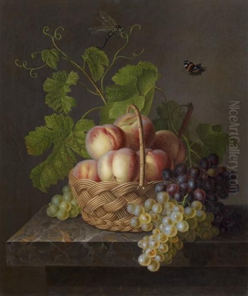 Nature Morte Au Panier De Peches Et Grappes De Raisin Sur Un Entablement - view 1