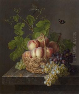 Nature Morte Au Panier De Peches Et Grappes De Raisin Sur Un Entablement by Antoine Berjon