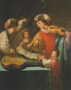 A Violinist Instructing A Youth, Another Tuning A Guitar And A Child Leaning Against A Table by Bartolomeo Manfredi