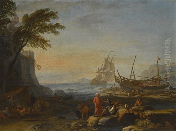 A Mediterranean Coastal Landscape At Evening With Figures Gathered On The Shore - view 1