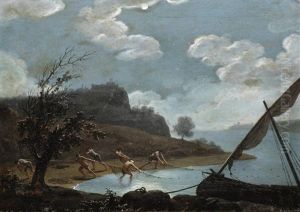 Fishermen Hauling In Their Catch In The Moonlight by Adrien Manglard