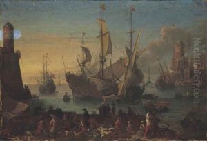 A Mediterranean Harbour, With Elegant Company And Merchants On The Shore, Anchored Ships Beyond