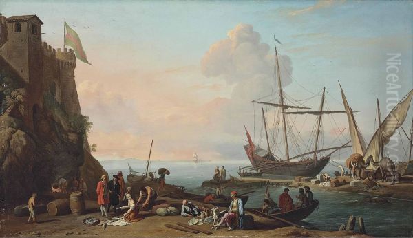 A Mediterranean Harbour With Stevedores Unloading Their Ships, Figures Selling Fish In The Foreground By A Fortress - view 1