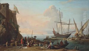 A Mediterranean Harbour With Stevedores Unloading Their Ships, Figures Selling Fish In The Foreground By A Fortress