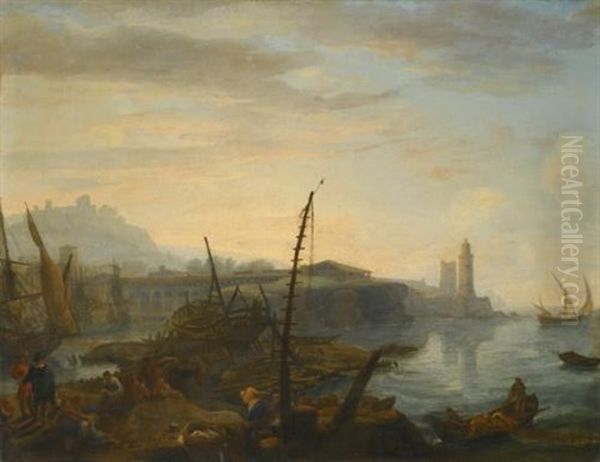 A Mediterranean Port With Figures Resting And Fishermen Drawing In Their Nets In The Foreground, A Tower Beyond - view 1
