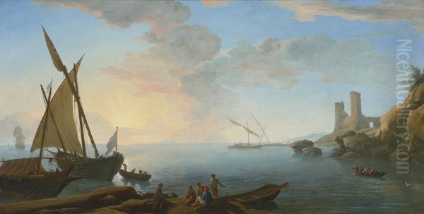Southern Mediterranean Seascape With Boats And Figures At Sunset by Adrien Manglard